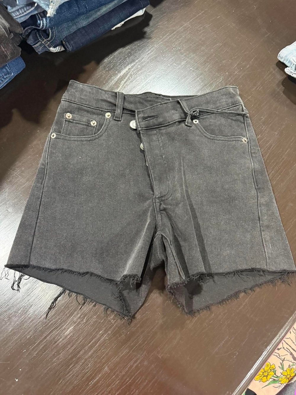 Black Asymmetrical waist Denim Frayed Hem Women's Shorts